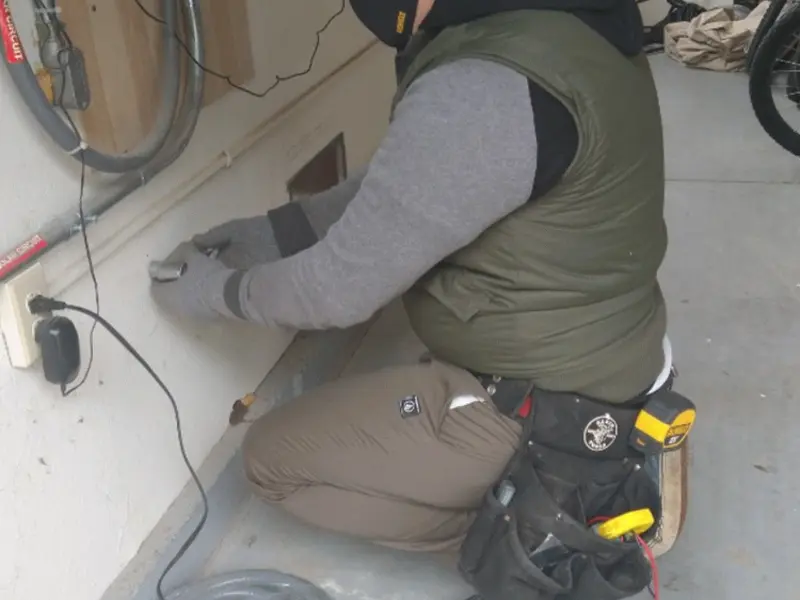 Electrician performing outlet wiring in a Chicago Ridge garage